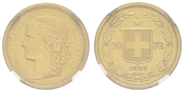 ab 1800 Schweiz Eidgenossenschaft 20 CHF 1886 Bern im NGC-Slab AU 55  K.M. 31.3 HMZ 2-1194 Divo 98 Schl. 7 Fried. 495