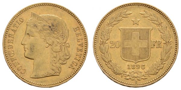 ab 1800 Schweiz Eidgenossenschaft 20 CHF 1896 Bern  K.M. 31.3 HMZ 2-1194 Schl. 7 Fried. 495 6.44 g. ss-vz