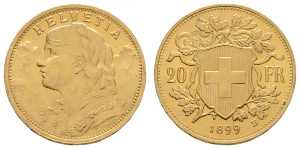 ab 1800 Schweiz Eidgenossenschaft 20 Franken 1899  K.M. 35.1 vz+