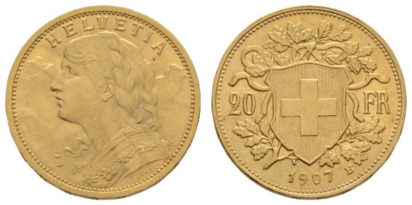 ab 1800 Schweiz Eidgenossenschaft 20 Franken 1907  K.M. 35.1 vz-st