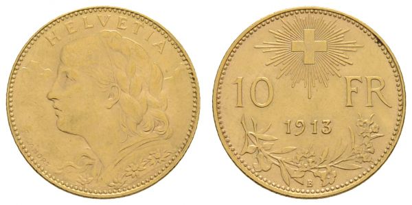 ab 1800 Schweiz Eidgenossenschaft 10 Francs 1913  K.M. 36 vz