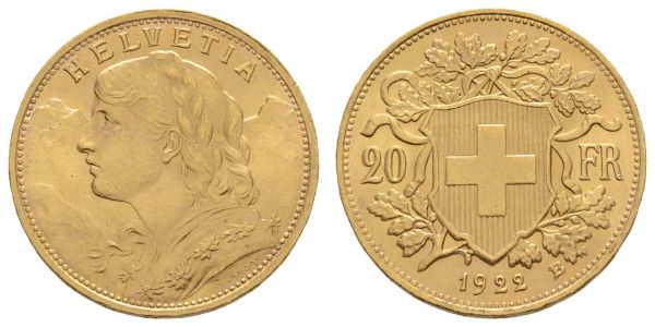 ab 1800 Schweiz Eidgenossenschaft 20 Franken 1922 B Helvetia  K.M. 35.1 ss+