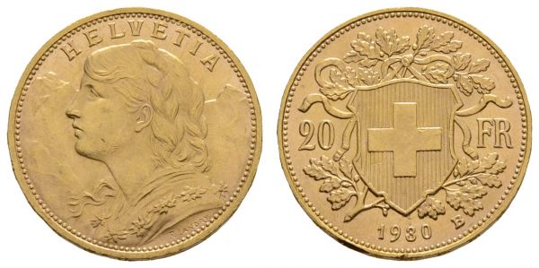 ab 1800 Schweiz Eidgenossenschaft 20 CHF 1930 Bern kl. Rf.  Divo 394 Schl. 47 Fried. 499 vz