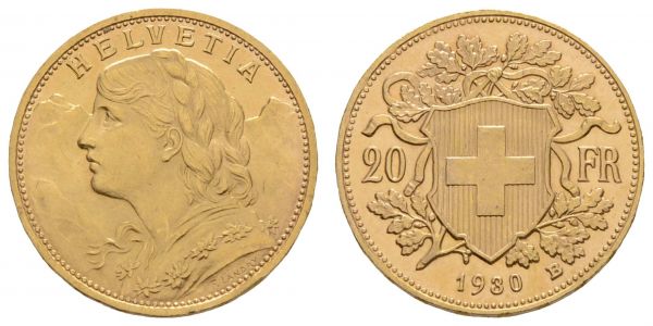 ab 1800 Schweiz Eidgenossenschaft 20 Franken 1930 B Helvetia  K.M. 35.1 ss+