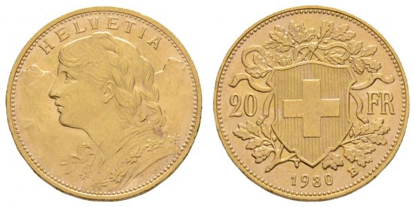 ab 1800 Schweiz Eidgenossenschaft 20 Franken 1930 B Helvetia  K.M. 35.1 ss+