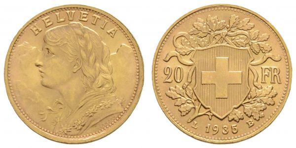 ab 1800 Schweiz Eidgenossenschaft 20 CHF 1935 Bern  Divo/Tobler 293 Divo 432 Schl. 49 Fried. 499 vz