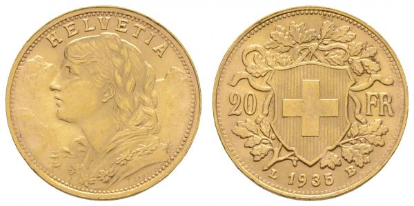 ab 1800 Schweiz Eidgenossenschaft 20 Francs 1935  K.M. 35.1 vz-st