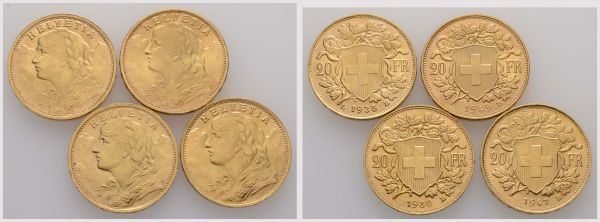 ab 1800 Schweiz Eidgenossenschaft 20 Franken 4 Exemplare: 1930, 1935 LB, 1947, 1949  K.M. 35.1, 35.2 st-