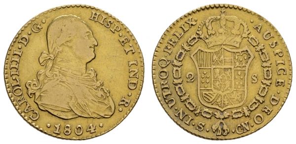 ab 1800 Spanien Carlos IV., 1788-1808 2 Escudos 1804 Sevilla  Cayon 14279 Cal. 456 6.73 g. ss