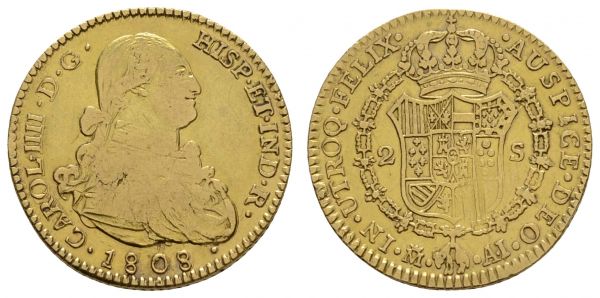 ab 1800 Spanien Carlos IV., 1788-1808 2 Escudos 1808 Madrid  Fried. 296 K.M. 435.1 6.66 g. ss