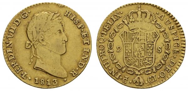 ab 1800 Spanien Ferdinand VII., 1808-1814-1833 2 Escudos 1813 Cádiz  KM 468 Calicó 183 Fried. 313 6.73 g. ss+