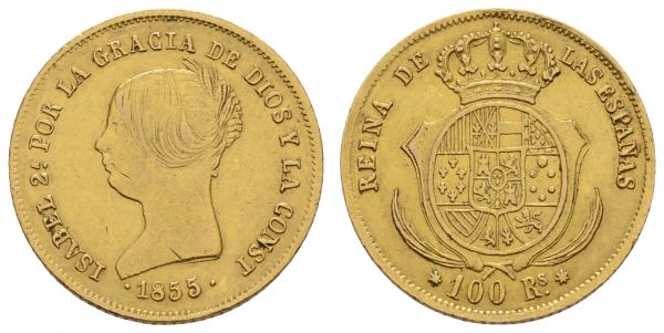 ab 1800 Spanien Isabella II., 1833-1868 100 Reales 1855 Sevilla kl. Kratzer  Fried. 331 Calicó 33 Schl. 233 8.33 g. ss-vz