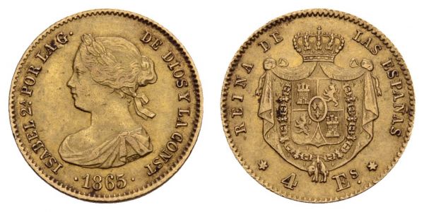 ab 1800 Spanien Isabella II., 1833-1868 4 Escudos 1865 Madrid  K.M. 631.1 vz-