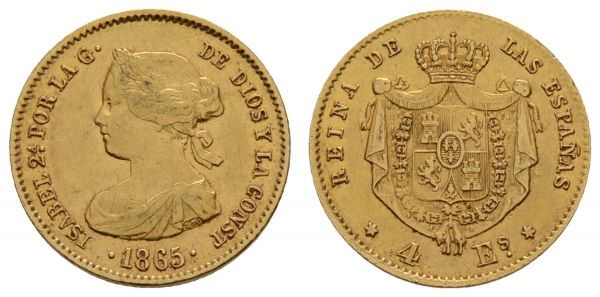 ab 1800 Spanien Isabella II., 1833-1868 4 Escudos 1865 Madrid  K.M. 631.1 Calicó 108 3.31 g. ss-vz