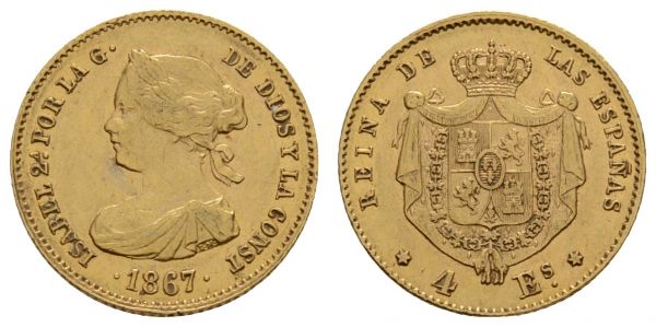 ab 1800 Spanien Isabella II., 1833-1868 4 Escudos 1867 Madrid  K.M. 631.1 Calicó 111 3.32 g. ss-vz