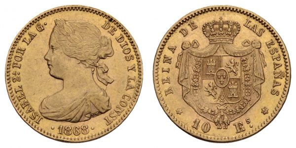 ab 1800 Spanien Isabella II., 1833-1868 10 Escudos 1868 Madrid  K.M. 636.1 vz