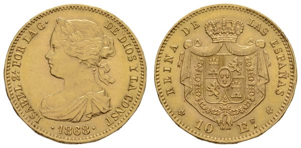 ab 1800 Spanien Isabella II., 1833-1868 10 Escudos 1868 Madrid  Fried. 336 K.M. 636.1 Calicó 43 8.42 g. vz