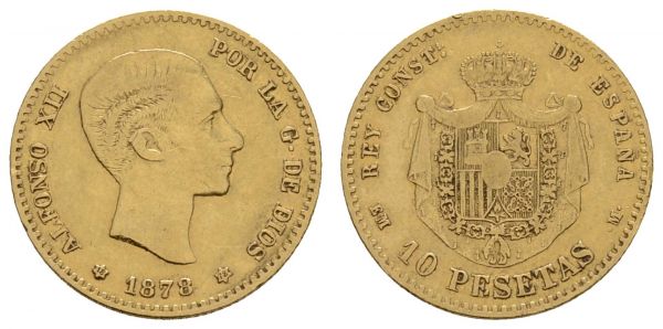 ab 1800 Spanien Alfonso XII., 1874-1885 10 Pesetas 1878 Madrid Kratzer im Avers, Rf., Originaljahrgang  KM 677 3.17 g. ss