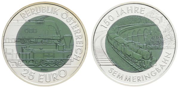 Euroländer Österreich Republik 25 € 2004 100 Jahre Semmeringbahn, nur gekapselt und mit Zertifikat, ohne Etui  EM A-117 st