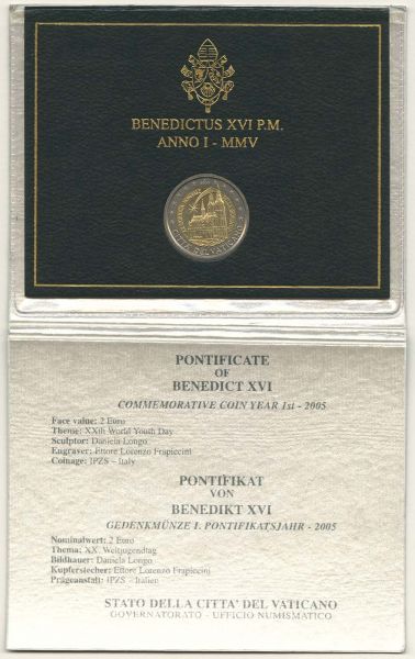 Euroländer Vatikan Benedikt XVI. 2 € 2005 XX. Weltjugendtag in Köln, Folder etwas beschädigt  EM V-114 st