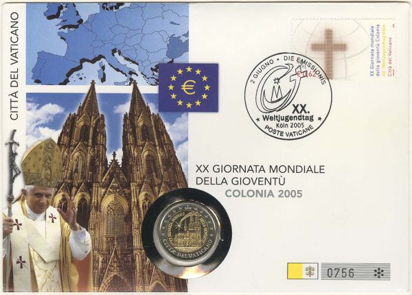 Euroländer Vatikan Benedikt XVI. 2 € 2005 XX. Weltjugendtag in Köln, als Numisbrief aus Abo-Bezug  EM V-114 st