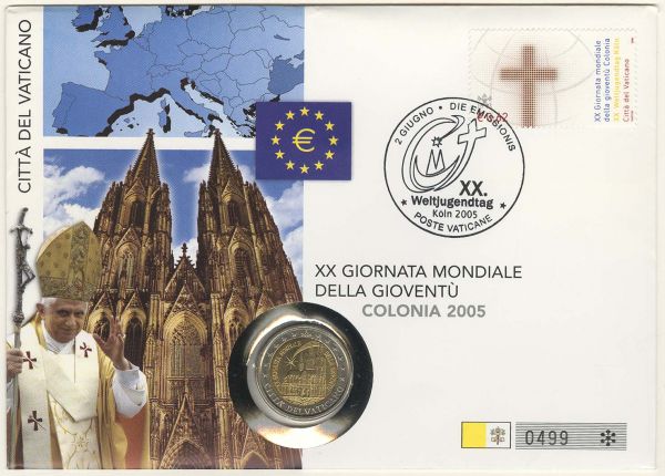 Euroländer Vatikan Benedikt XVI. 2 € 2005 XX. Weltjugendtag in Köln, als Numisbrief  EM V-114 st