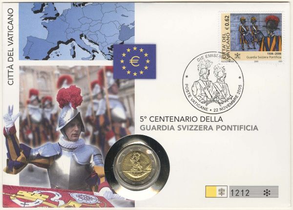 Euroländer Vatikan Benedikt XVI. 2 € 2006 500 Jahre Schweizer Garde, als Numisbrief aus Abo-Bezug  EM V-120 st