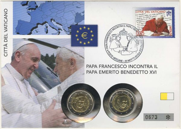 Euroländer Vatikan Franziskus 2 € 2013/2014 Papst-Treffen, 2 Euro-Numisbrief mit der Kursmünze von 2013 und 2014, aus Abo-Bezug, sehr hoher Einstandspreis  st