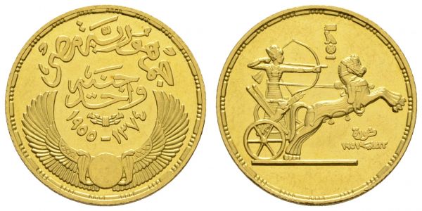 Ägypten Gamal Abd El Nasser, 1952-1970 1 Pound 1955 = 1374 AH auf den 3. Jahrestag der Revolution, nur 16.000 Stück geprägt  K.M. 387 Fried. 115 8.50 g. PL