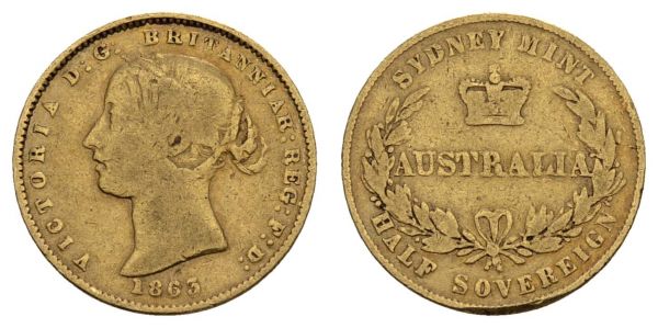 Australien Victoria, 1837-1901 ½ Sovereign 1863 Sydney  KM 3 Fried. 10 a 3.81 g. s-ss