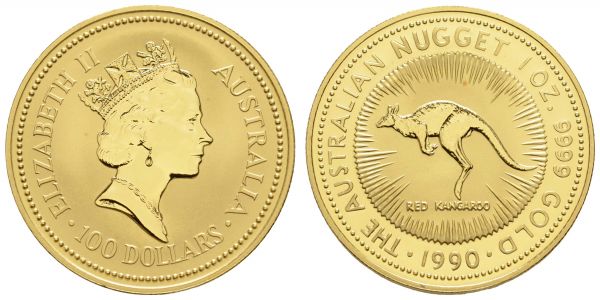 Australien Elizabeth II. seit 1952 100 $ 1990 Australien Nugget, dazu 50, 25, 15 und 5 $, zusammen 5 Münzen, alle in der quadratischen Kapsel, rote Flecken  K.M. 144, 120, 119, 118, 117 st