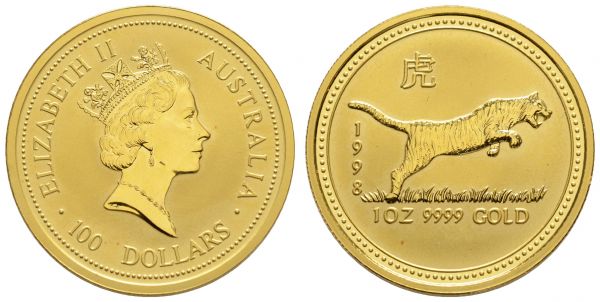 Australien Elizabeth II. seit 1952 100 $ (1 oz) 1998 Lunar Serie - Tiger, Auflage nur 16907 Exemplare  K.M. 508 st