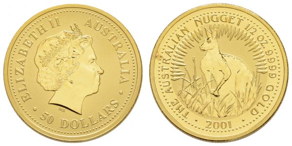 Australien Elizabeth II. seit 1952 50 $ (½ oz) 2001 Australian Nugget, roter Fleck, Auflage nur 18000 Exemplare  Schön 580 st