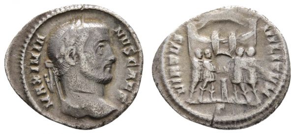Römer Kaiserzeit Maximianus Herculius, 286-310 AR Argenteus Av.: Belorbeerte Büste nach rechts, Rv.: Vier Tetrarchen opfern am Mauerring  2.43 g. ss