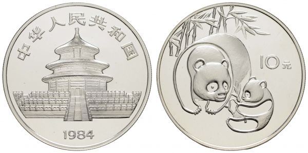 China Volksrepublik 10 Yuan 1984 1 oz Silberpanda, gekapselt im Originaletui, Auflage nur 10.000 Exemplare  K.M. 87 PP/Proof