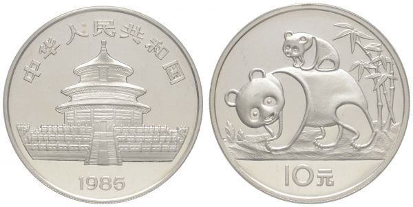 China Volksrepublik 10 Yuan 1985 der 3. Panda, gekapselt und originalverschweißt mit CoA, mint sealed with CoA  K.M. 114 PP/Proof