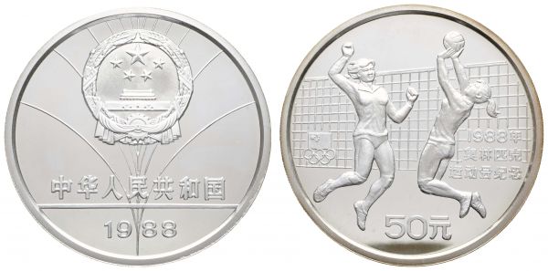 China Volksrepublik 50 Yuan 1988 Olympiade in Seoul, Vollyballerinnen, gekapselt, etwas Patina  K.M.  205 PP