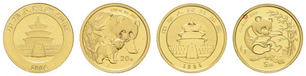 China Volksrepublik 5 Yuan 1994 1/20 oz Gold Panda, dazu 1/20 oz 2004, beide gekapselt  K.M. 611 st