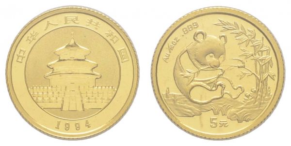 China Volksrepublik 5 Yuan 1994 1/20 oz Gold Panda, originalverschweißt / mint sealed  K.M. 611 st