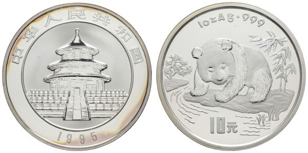 China Volksrepublik 10 Yuan 1995 Silber Panda, nur gekapselt, Patina  K.M. 723 PP/Proof