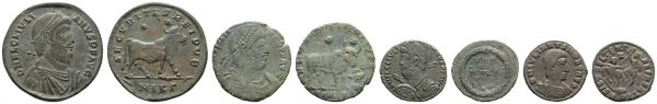 Römer Kaiserzeit Julianus II. Apostata, 355-363 Æ Follis RV. Stier, dazu Mittelbronze und 2 Kleinbronzen, zusammen 4 Münzen dieses Herrschers