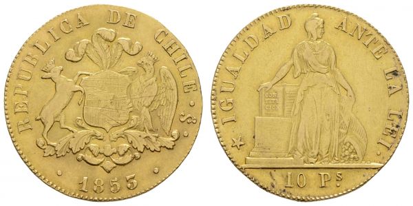 Chile Republik 10 Pesos 1853 Santiago de Chile  K.M. 123 Fried. 45 15.16 g. ss