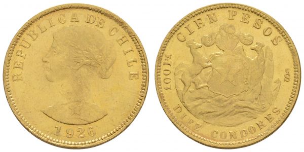 Chile Republik 100 Pesos 1926 kl. Kratzer, Einjahrestyp  K.M. 170 vz