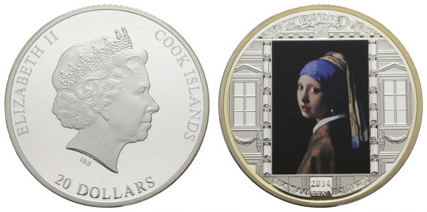 Cook-Inseln Republik 20 $ 2014 Masterpieces of Art, Van Vermeer's "Das Mädchen mit dem Perlenohrring", 3 oz Silber  PP/Proof