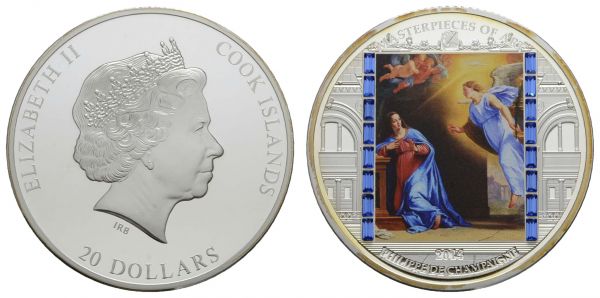 Cook-Inseln Republik 20 $ 2014 Masterpieces of Art, Philippe de Champaigne's "Die Verkündigung an Maria", 3 oz Silber  PP/Proof