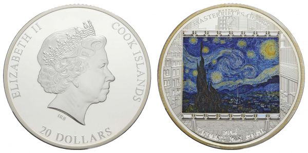 Cook-Inseln Republik 20 $ 2015 Masterpieces of Art, Vincent van Gogh's "Sternennacht", 3 oz Silber  PP/Proof