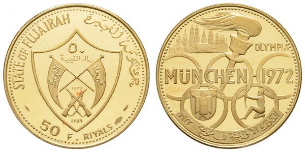 Fujairah Muhammad bin Hamad Al Sharqi, 1942-1974 50 Riyals 1970 Sommerolympiade München, nur 400 Stück geprägt  K.M. 8 Schön 11.2 Fried. 4 10.33 g. sehr selten PP