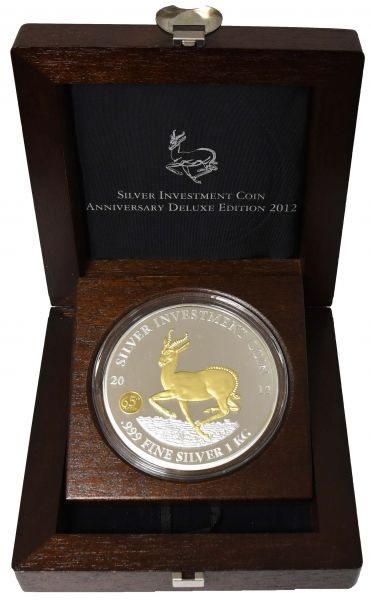 Gabun  10.000 Francs 2012 Silver Investment Coin Anniversary Deluxe Edition, The African Springbok, Silver Investment Coin, 1 kg Feinsilber Springbock, im edlen Holzetui samt Umverpackung, hoher Einstandspreis, Auflage nur 500 Exemplare  PP/Proof