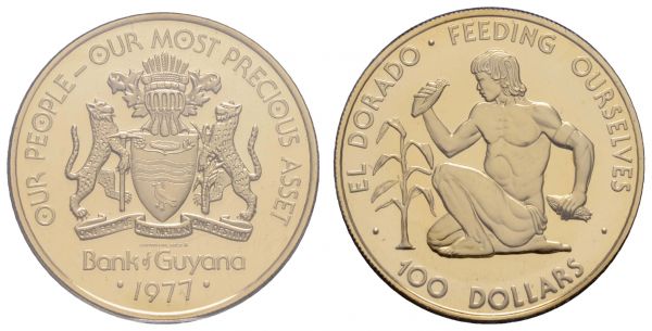 Guyana Republik 100 $ 1977 Eldorado, 500er, im Folder  KM 47 PP/Proof