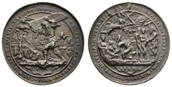 bis 1799 Erzgebirge  Silbermedaille 1553 (Guss des 17. Jahrhunderts) Joachimsthal auf Samson, Stempel von Nickel Milicz, Av.: Samson mit dem Tor von Gaza vor der Stadt, im Abschnitt 1552, Rv.: Christus in der Vorhölle nach Albrecht Dürers Holzschnitt aus der Kleinen Passion, im Abschnitt 1553, entfernter Henkel  37.89 g. ss